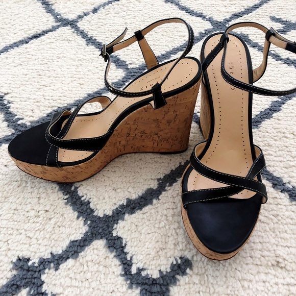 Theory Shoes - THEORY Cork Black Leather Wedge Sandal
